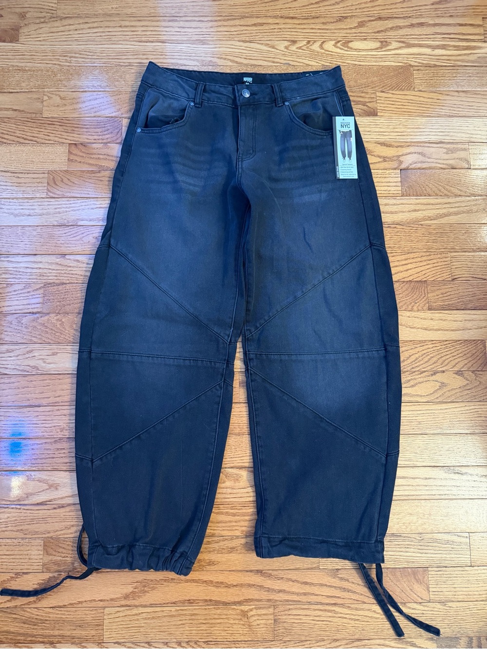 Madden NYC Faded Black Denim Barrel leg jeans with drawstring pantleg 5 pocket